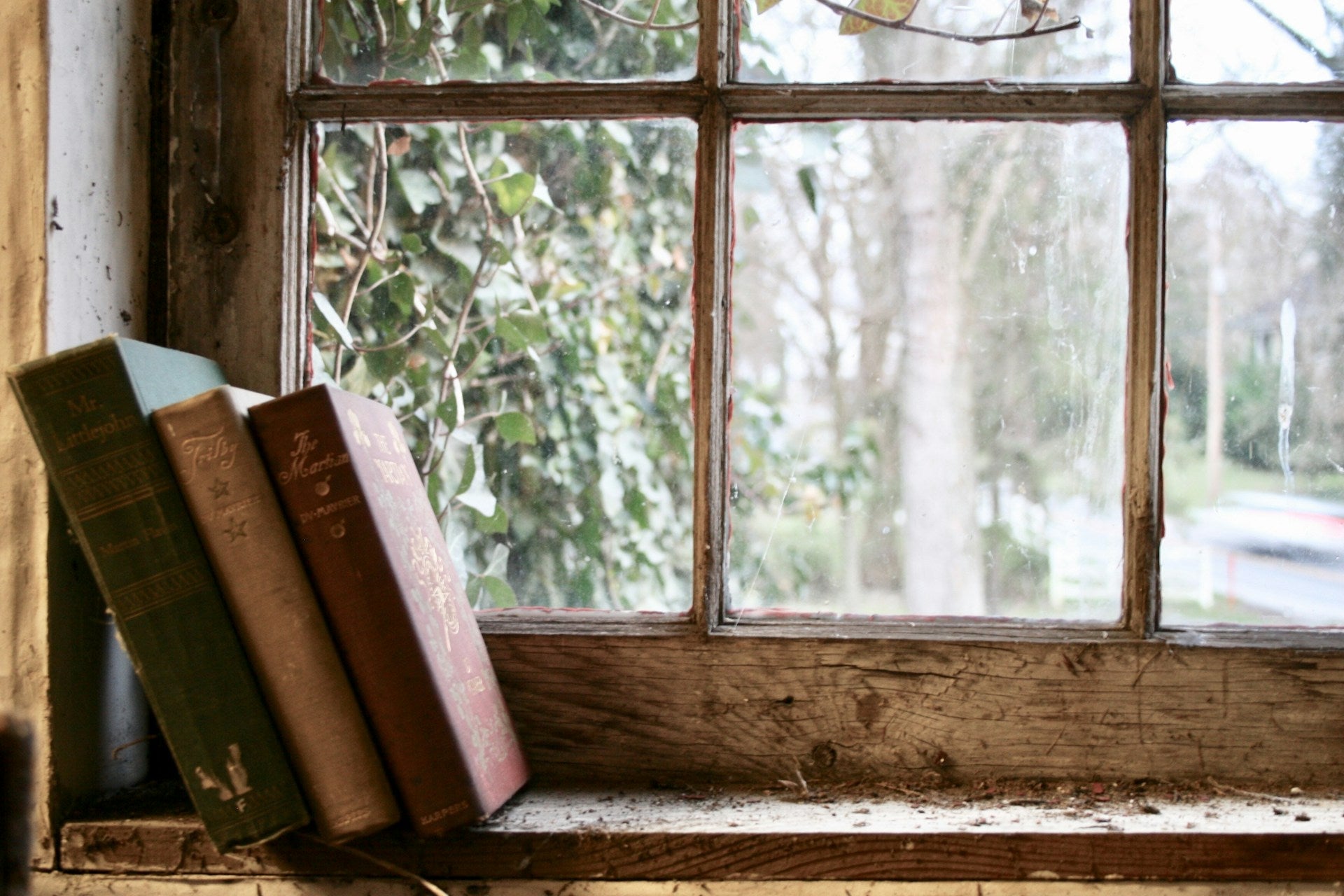 Old books by a windowsill on an overcast day.