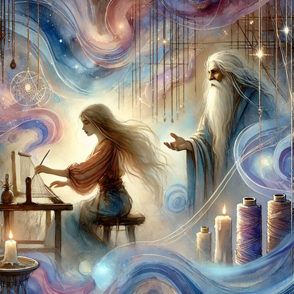 A young woman weaving with an old bearded man offering an helping hand behind her, in a dreamlike setting