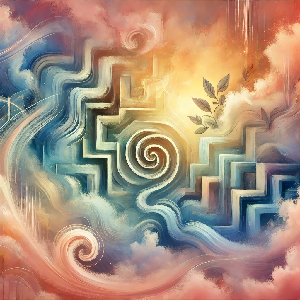 An abstract, painterly illustration of swirls, clouds and labyrinthine shapes in rainbow colors