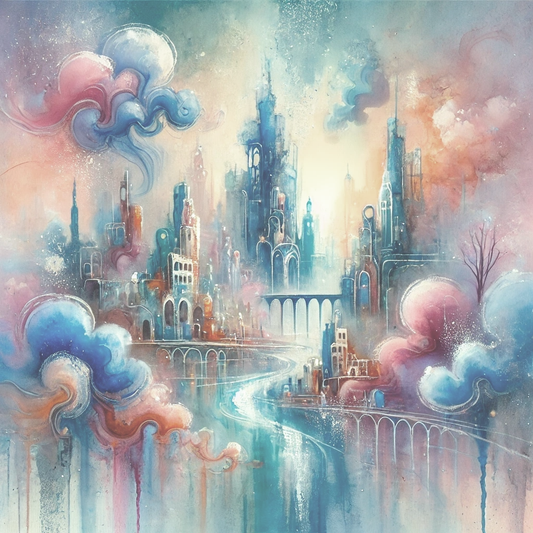 A colorful watercolor-style illustration of a floating city