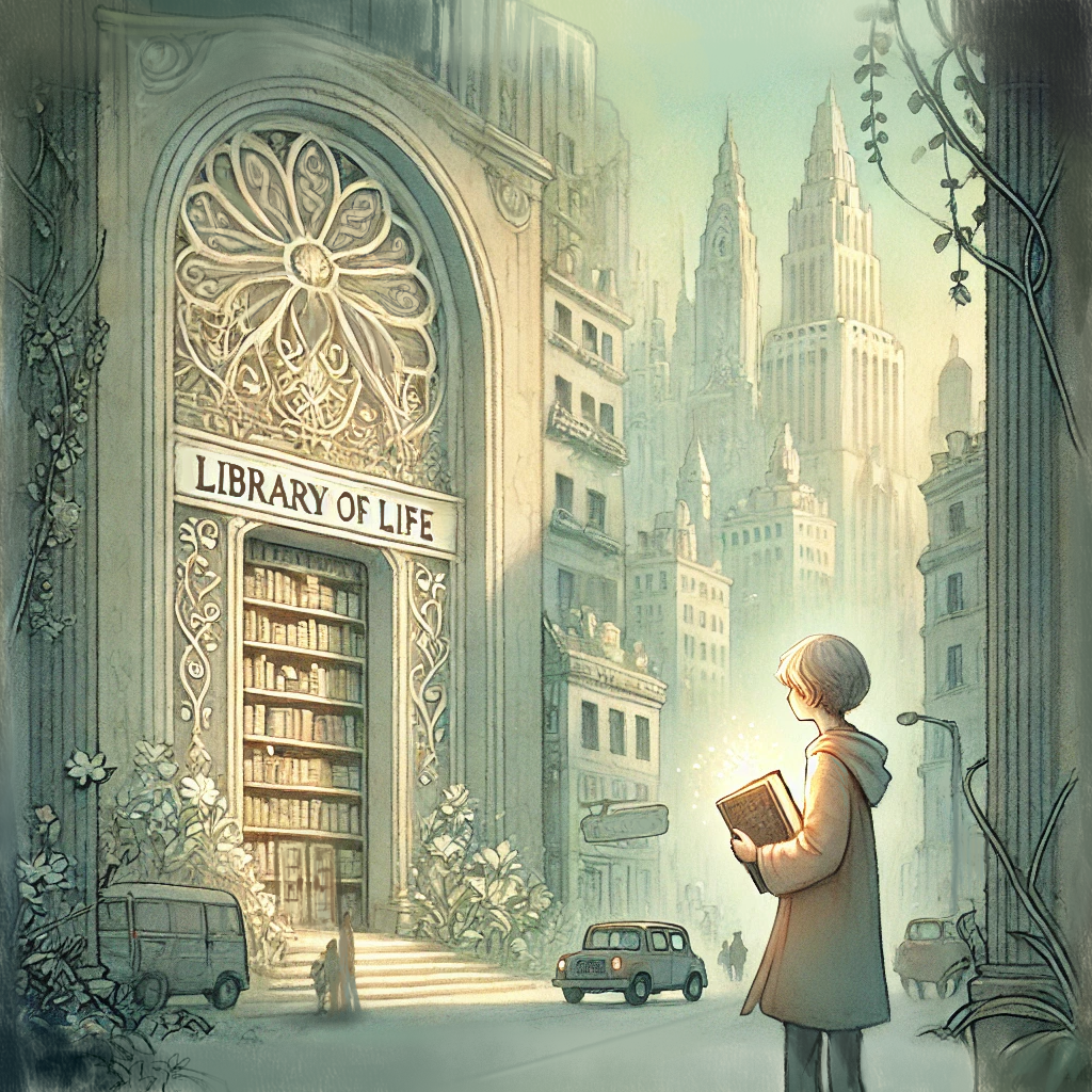 A young adult looking at the majestic entrance of the Library of Life from the street